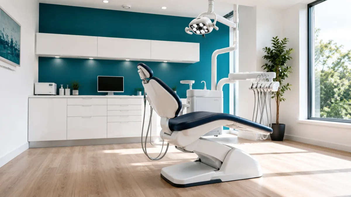 Dentist consulting with a patient, smiling, modern dental office