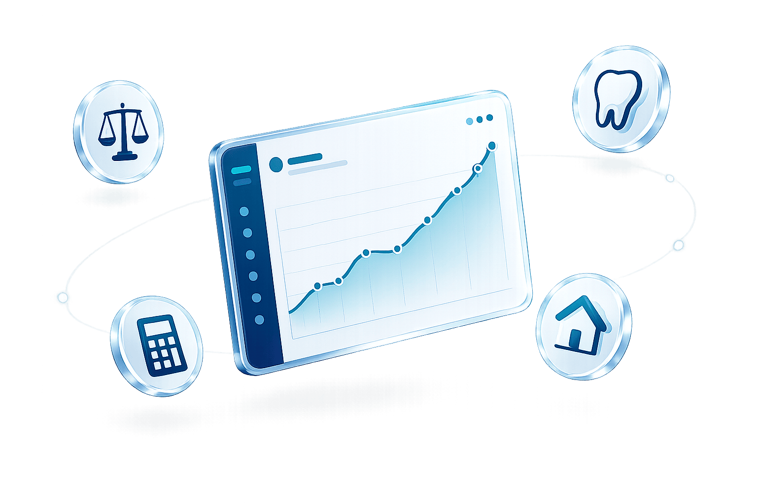Floating analytics dashboard with an upward growth chart, surrounded by industry icons (tooth, scale, calculator, house) representing the niches Superiad serves.